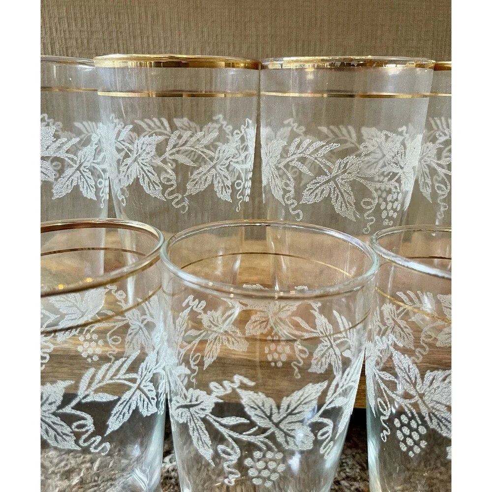 Vintage Bartlett Collins 806 Grapevine Frosted Tumblers Gold Rim Set of 7